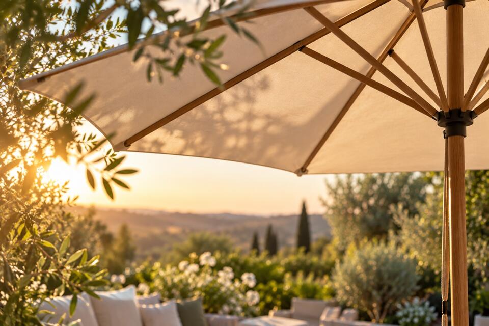 Sonnenschirm aus Holz im goldenen Abendlicht über einer Terrasse mit Blick ins Grüne