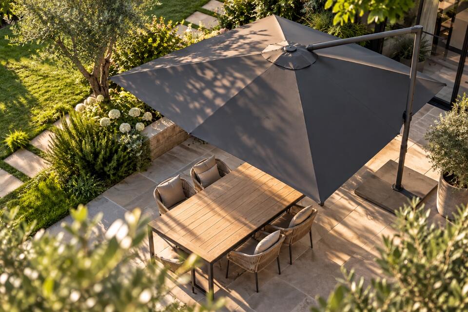 Luftaufnahme einer Gartenterrasse mit großem Ampelschirm über einer Sitzgruppe